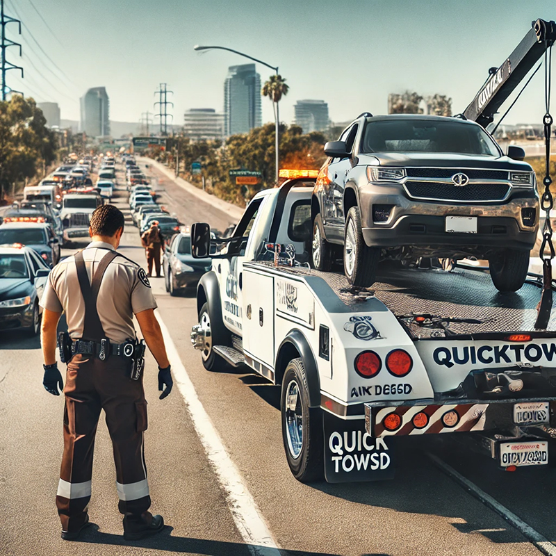 Tow truck operator from QuickTowSD securing a vehicle after a car accident on a busy street in San Diego, with modern towing equipment and emergency responders in the background.