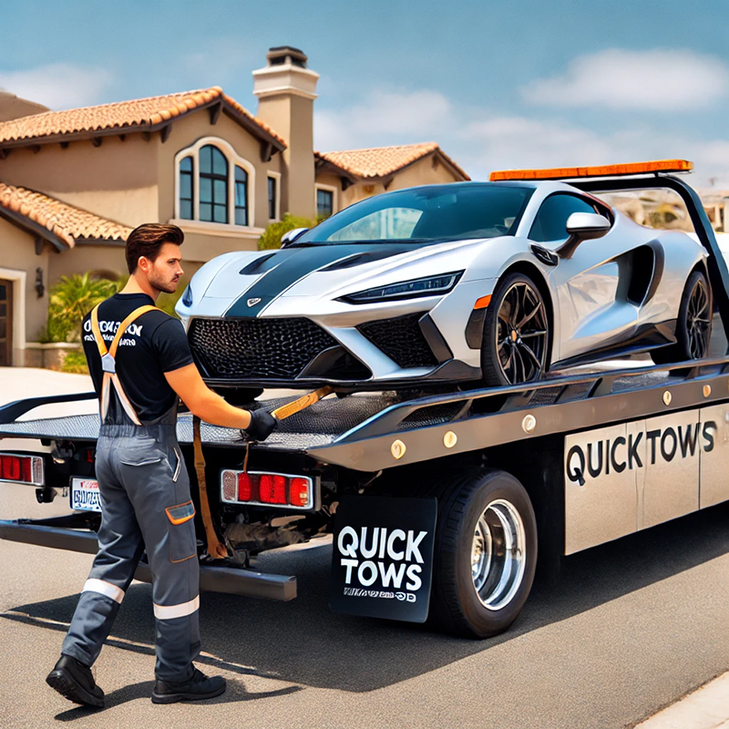 Tow truck operator securing an exotic car to a modern flatbed tow truck, with QuickTowSD branding, in San Diego. Ensuring the safe transportation of luxury vehicles with specialized towing equipment.