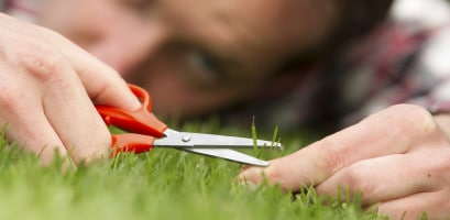 Obsessive man laying on grass, perfection