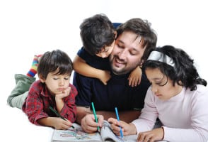 Happy family with several members in education process